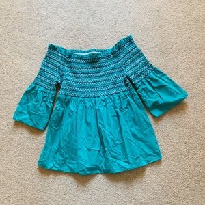 Papaya Off-The-Shoulder Green Flare Sleeve Top